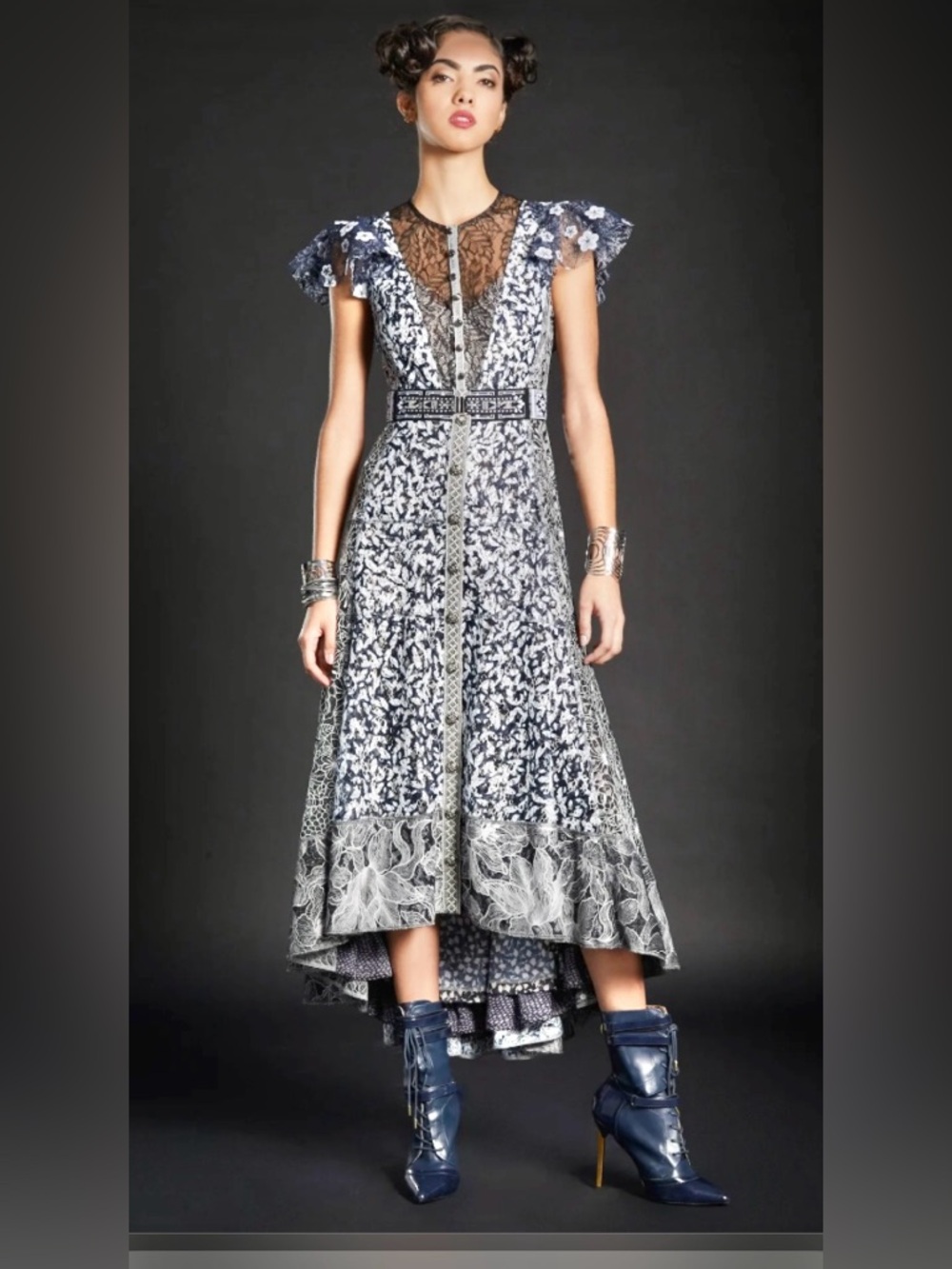 Byron Lars Navy and White Floral High-Low Dress